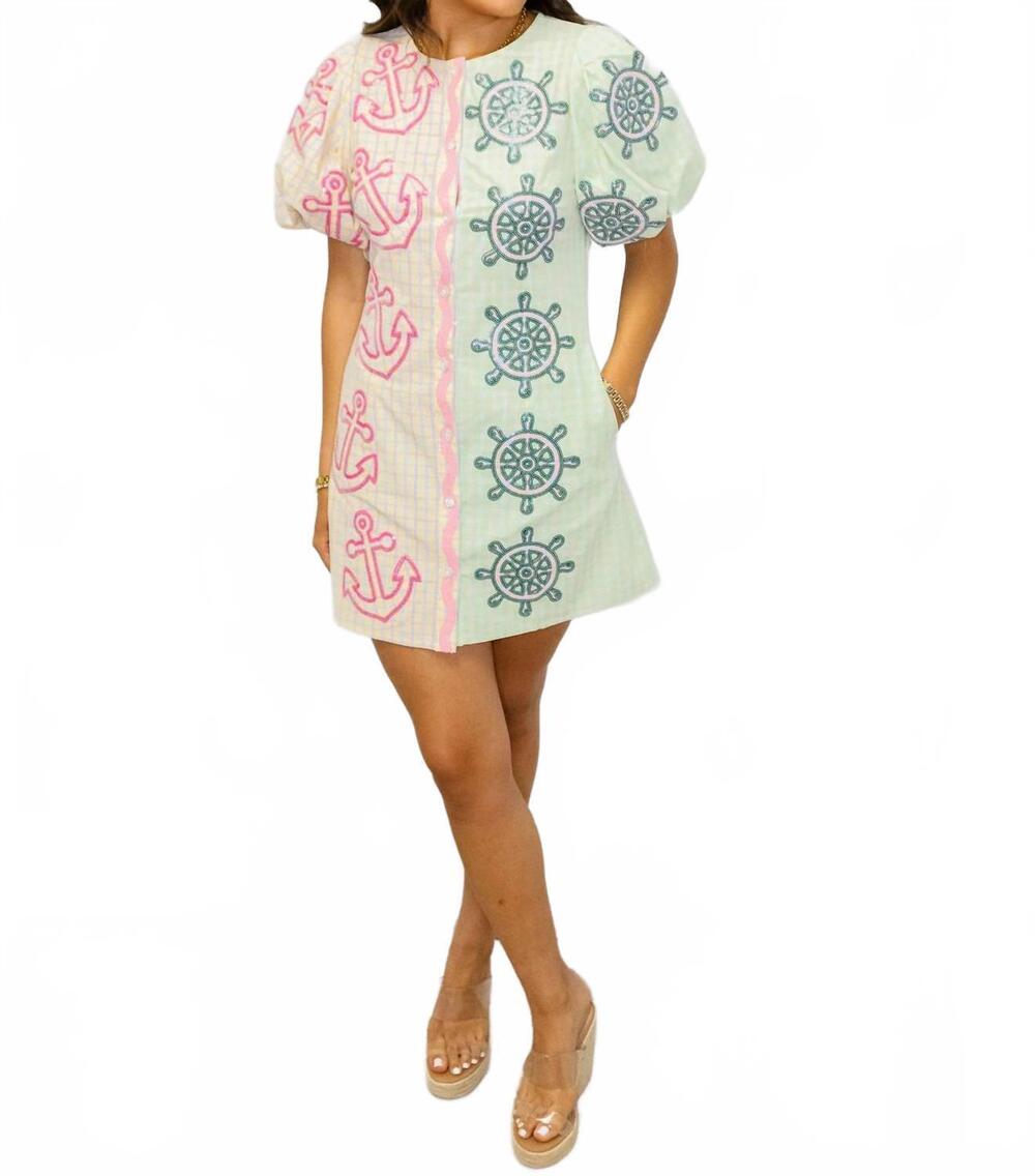 NEW QUEEN OF SPARKLES colorblock plaid anchor button up poof sleeve dress in mul